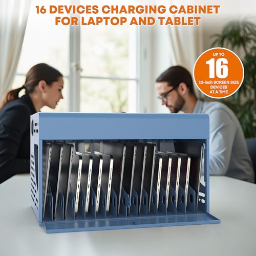 Image of 16-Device Laptop Charging Station for 13 inch Chromebook and iPad, Wall-Mount /Desktop Charging Cabinet Lock Box with Cable Management, 2 Locks, Ideal for Classrooms, Offices & Hospitals (Blue)