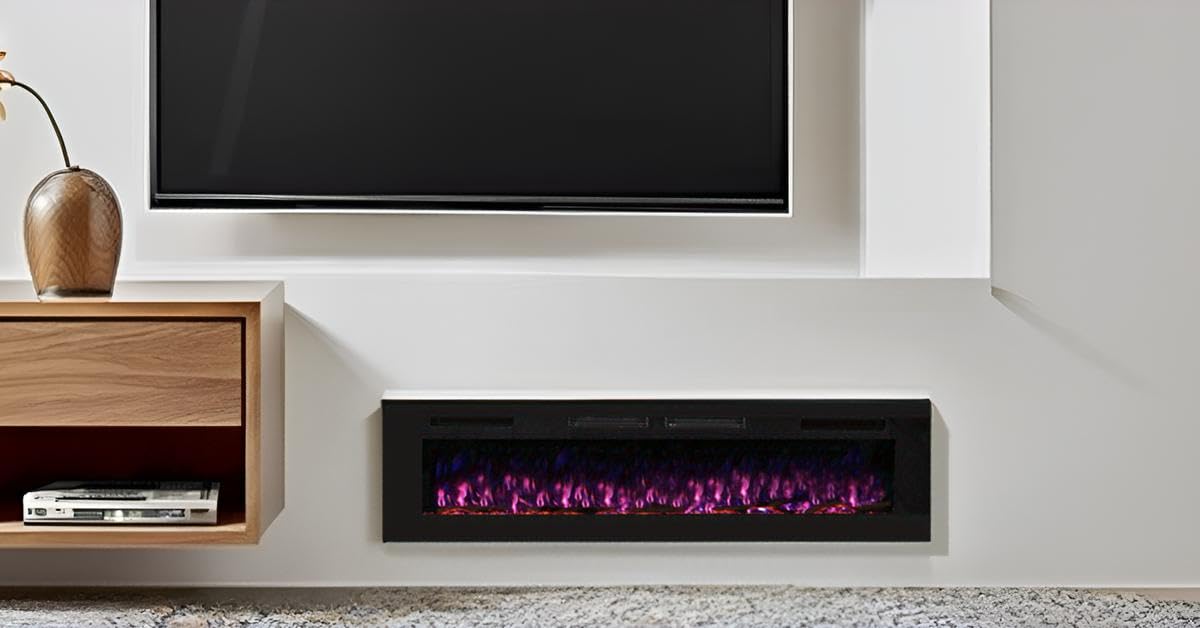Crystal 72 - Camino elettrico da parete | 183 cm | 3 colori di legni e fiamme | Termostato 750/1500 W | Riscaldamento confortevole| Schermo tattile | Telecomando | Timer