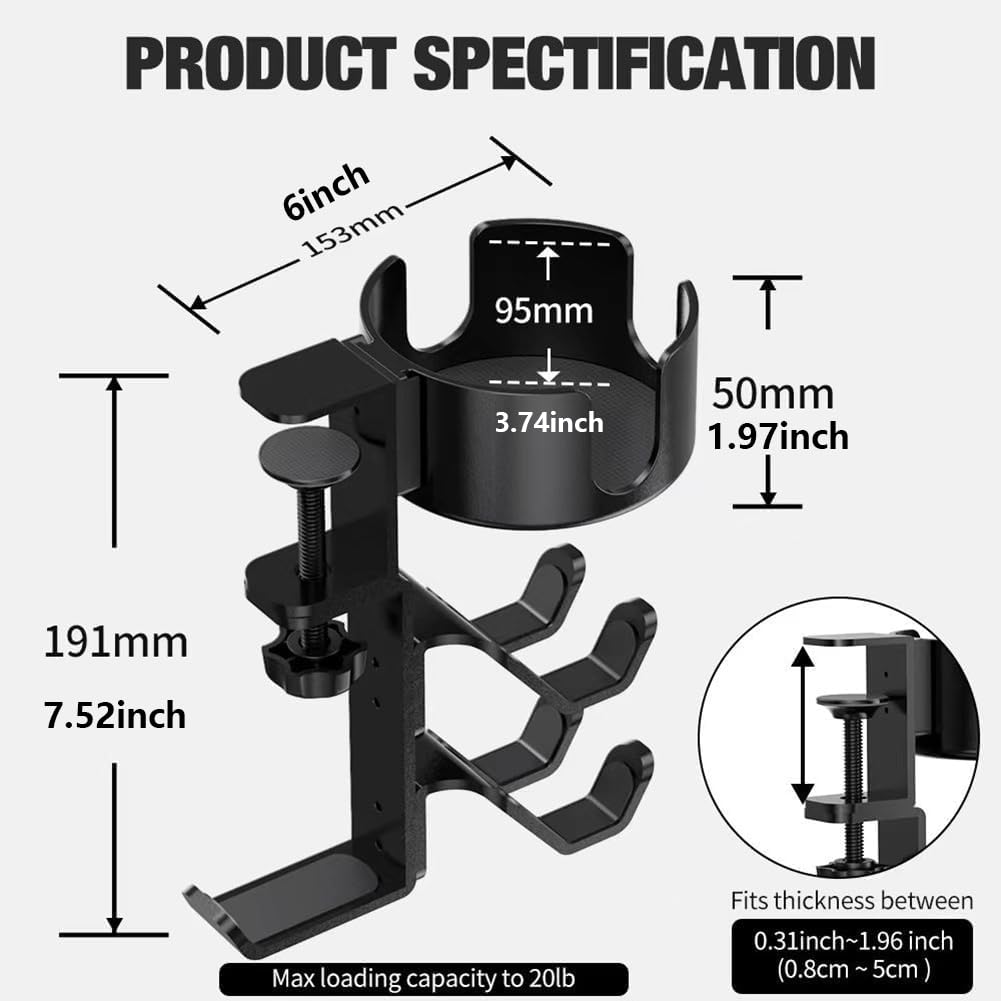 Stojak na słuchawki 3 w 1 pod biurko, aluminiowy stojak na słuchawki z wieszakiem na zestaw słuchawkowy, stojak na kontroler, uchwyt na kubek, odpowiedni do Xbox, PS4, PS5, PC, Switch, Sennheiser