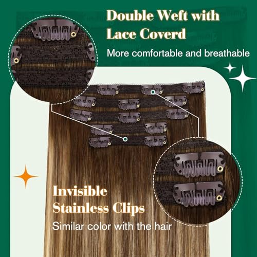 Easyouth Clip in Extensions Real Human Hair Brown Ombre Clip in Human Hair Extension Balayage Brown to Blonde Real Hair Clip in Extensions Long for Women 22 Inch 70g 5Pcs #4/27/4 - Image 2