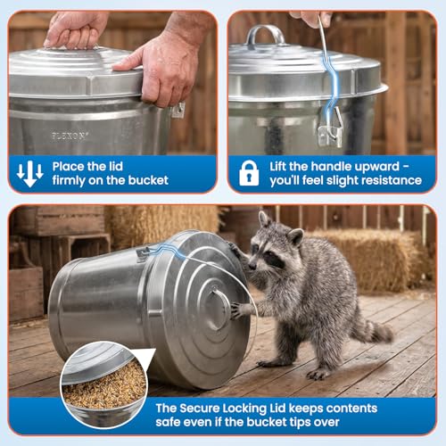 Image of Plexon 10 Gallon Trash Can with Locking Lid Galvanized Metal Bucket for Poultry Feed Bird Seed Storage Ash Outside Garbage Can with Lid, 3 Pack