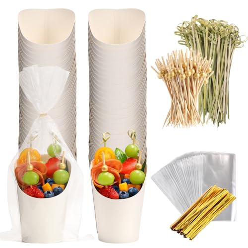WixiTool 120 juegos de vasos desechables para charcutería con palitos y bolsas, cajas de aperitivos de papel kraft de 14 onzas, soporte para patatas fritas con pinchos de bambú y perlas doradas, color