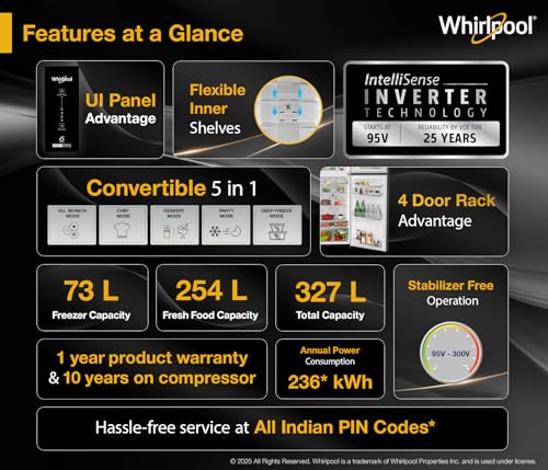 Image of Whirlpool 327 L 3 Star Convertible Frost Free inverter Double Door Refrigerator (IF INV 375 ILLUSIA STEEL(3S) CONV-TL)