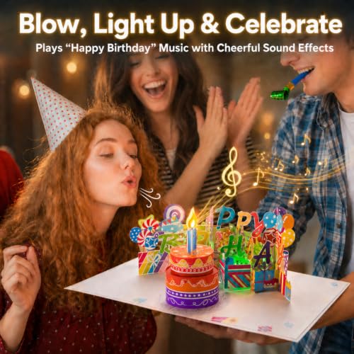 Image of 3D Pop-Up Birthday Card with Music, Blowable LED Candle, for Ages 1 to 100