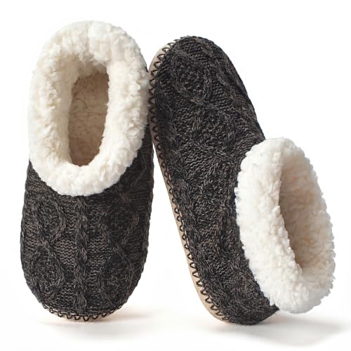 Image of cosyone1997 Cable Knit Slipper Socks for Women Non Slip Soft Sole | Fuzzy sherpa lining, gripper dots, flexible bootie coverage and machine washable care for warm, comfortable indoor wear