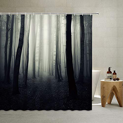Qyvlhd Horror Forest Shower Curtain Mysterious Jungle Dark Fantasy Night Gothic Tall Bushes Shrouded In Dense Fog Haunted House, Polyester Fabric,With Hook Dark (Black, 70 X 70 Inch) #TOP1