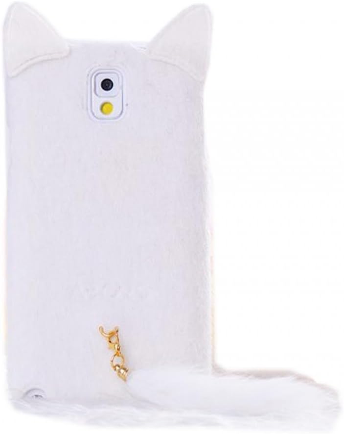 DE New Fashion Cartoon Animal Series White With Fluffy Plush Tail Fur Ear Cat Style Plush + TPU Soft Case Cover Shell Compatible for Samsung Galaxy Note 3 III N9000