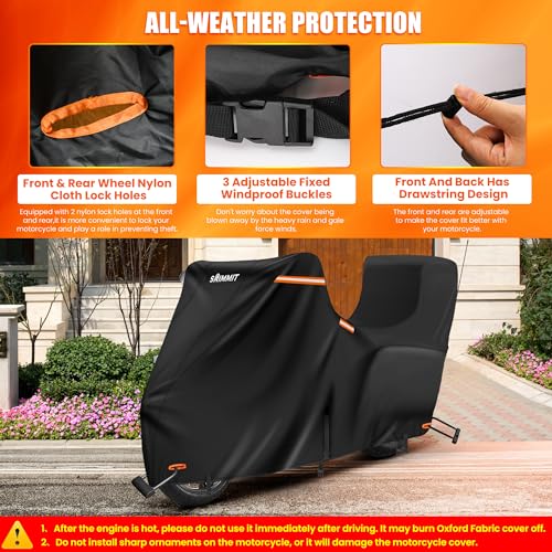 Image of Motorcycle Cover with Side + Top Box, 420D Heavy Duty Nano-Coated, Touring Bike Cover, 5 Reflective Strips,Air Vents,3 Windproof Buckles,Antenna Zipper