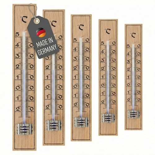 Lantelme 5 Stück Holz Außenthermometer Set 17cm Temperatur -25 bis +50°C Analog | Deutsche Herstellung | Thermometer für Innen Zimmer Außen...