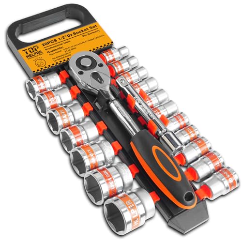 Image of 20 PCS 1 /2 inch Drive Metric Socket Wrench Set,1 /2 Reversible Ratchet Handle,6 Point Shallow Sockets (8-32mm) and Extension Bar 5 inch, CR-V Steel, Car Repair Set