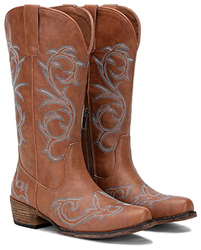 Jeossy Women's 9808 Brown Cowboy Boots For Women, Square Toe Cowgirl Boots, Western Embroidered Knee High Boot With Inner Zipper Size 9(Djy9808 Brown 09) #TOP5