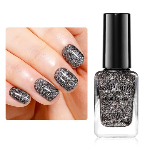 Nailshion Black Glitter Nail Polish Fast Air Drying Regular Nail Polish Rainbow Sparkly Shimmer Black Nail Lacquer High Shine Toe Fingernail Polish Nails Art Salon Manicure at Home Gift