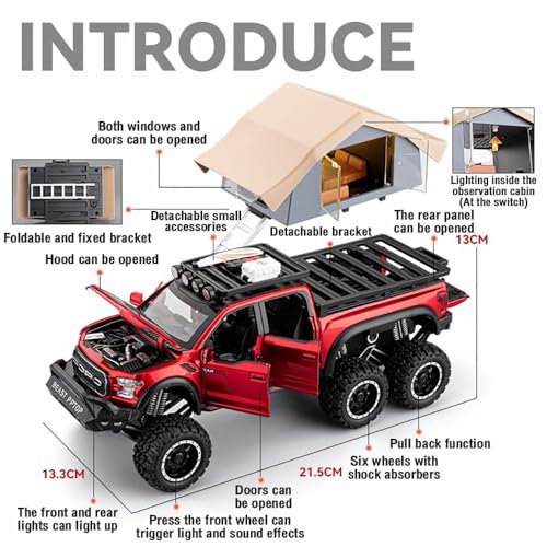 Image of 1:28 Scale Ford Raptor F-150 Raptor Camping RV Toy Car | Metal Pullback Diecast Car for Kids with Openable Doors, Sound, Light Effects Toy for Car (Color As Per Available)