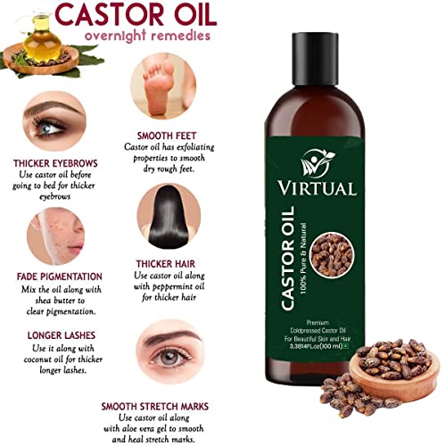 Image of VIRTUAL 100% Pure Castor Oil For Stronger Hair, Skin Care, Moisturising Dry Skin, Eyelash & Nails Cold Pressed Oil With No Mineral & Silicones (180ml)