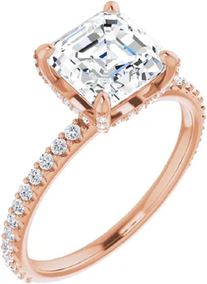 10K/14K/18K Solid Rose Gold Handmade Engagement Ring, 2.00 CT Asscher Cut Moissanite Solitaire Ring, Diamond Wedding Ring Set for Women/Her, Anniversary/Propose Ring, VVS1