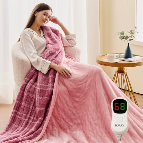JKMAX Heated Electric Blanket Full Size - 72"x84" Flannel Heating Blanket with 10 Heating Levels & 5 Time Settings Over-Heat Protection, Winter Warmer for Adults with ETL Certification(Pink)