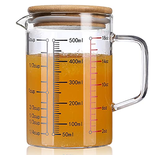 TAMUME Glass Measuring Cup with Lid, Multiple Scaling for Kitchen Use (500ml), Transparent