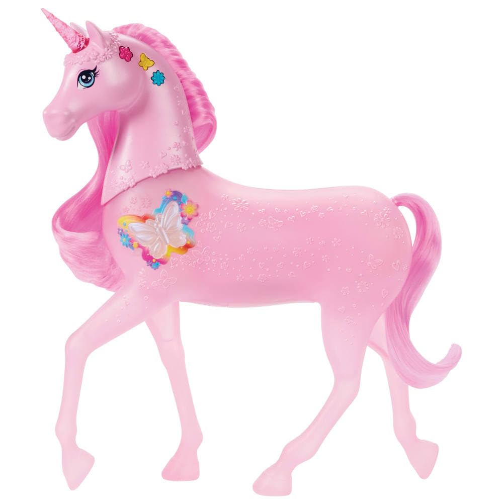 Barbie Magiczny jednorożec Baśniowe światełka Interaktywna zabawka jednorożec z 20 kombinacjami światełek, dźwięków i muzyki, zabawa aktywowana naciskaniem przycisków i głowy, JCP78