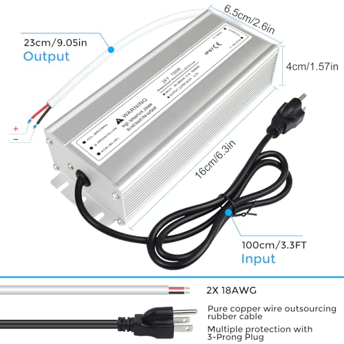Image of LightingWill LED Driver 100 Watts Waterproof IP67 Power Supply Transformer, 100-240V AC to 24V DC Low Voltage Output, Adapter with 3-Prong Plug 3.3 Feet Cable for Outdoor Use, Computer Project