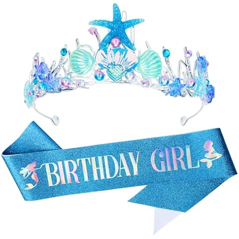 YARIEW Mermaid Crown and Birthday Sash for Women Hair Accessories Tiara for Women Mermaid Birthday Party Decorations Gifts Cover