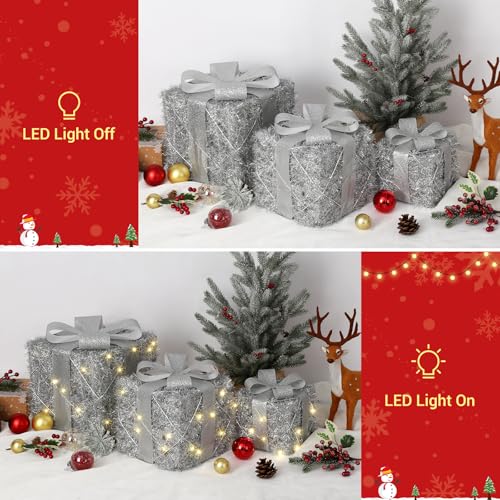 Garveehome Set of 3 Christmas Lighted Gift Boxes, Pre-Lit Gift Present Boxes with Ribbons and Bows, Light Up Xmas Ornaments for Indoor Outdoor Christmas Tree, Home, Yard, Lawn, Silver