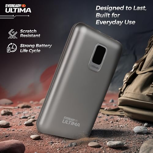 Image of Eveready Ultima Power Bank PB 20, 10,000mAh, 22.5W Fast Charging, Dual Output, USB-C & USB-A, Overcharging Protection, Compatible with iPhone, Android & Qi Devices, Includes Cable & Warranty, Black