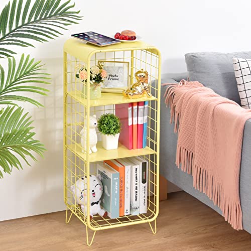 Image of SEVVY - Side Table - Modern Sofa End Table with Storage Shelf - Compactable Night Stand - Metal Adjustable 2 Middle Board - Detachable Shelf - No Screws - 3-Tier - Yellow