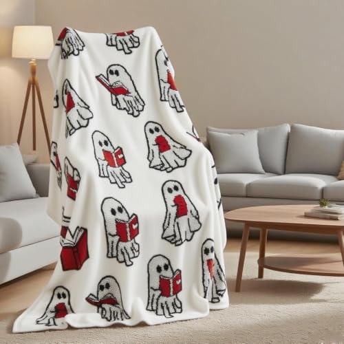 Ghost Reading Blanket 2025 New Halloween Ghost Reading a Book Throw Blanket,Cozy Soft Throw for Couch, Sofa, Bed – Spooky Gift for Adults & Teens (White, 50 * 60inch)