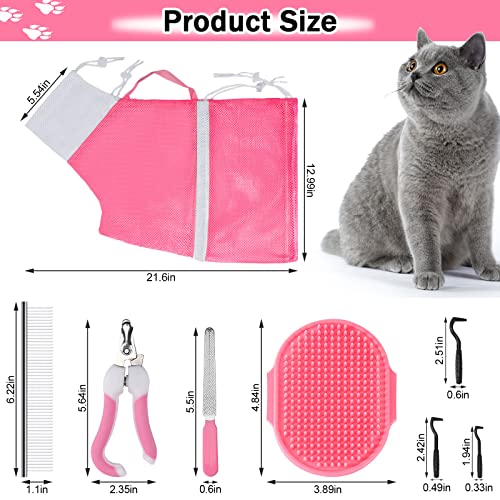 Image of JULMELON 10PCS Cat Bathing Bag Adjustable Shower Washing Net Grooming Set | Polyester Mesh, Kitten Adult Pet Grooming, Shower Bathing Nail Trimming Examination, Brush Clipper File Comb Tick Tool Caps