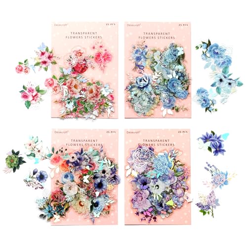 100Pcs Holographic Nature Flower Stickers Floral Decorative Adhesive Watercolor Scrapbooking Supplies Journaling for Adults Card Making Scrapbook Materials Craft Daily Planner