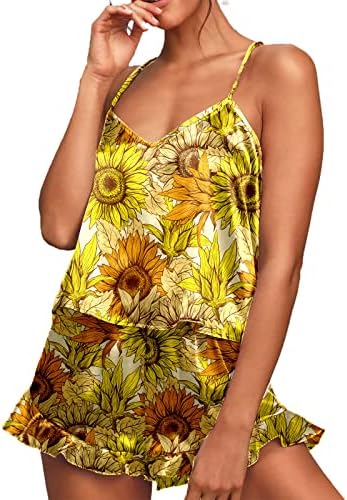 Women Casual Sleepwear Set Floral Printed V Neck Set Camisole Top Ruffle Short Warm Pajamas for Women Winter Yellow