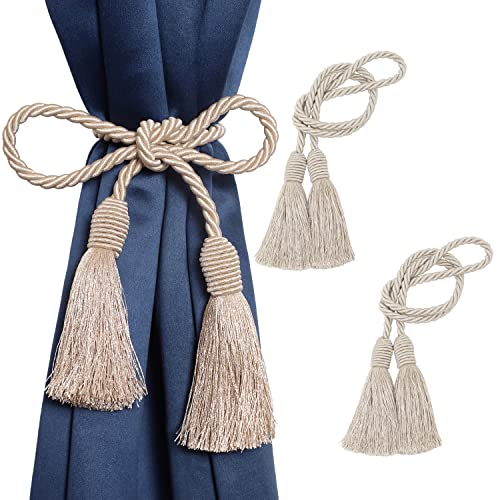 Image of 2 Pack Curtain Tiebacks Handmade Decorative Curtain Holdbacks Rope with Tassel - Beige