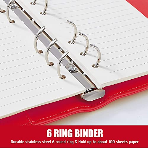 Sooez A6 Notebook Binder, 6 Ring Planner Binder A6 Pu Leather Notebook Binder, Loose Leaf Personal Organizer Binder Cover With Magnetic Buckle Closure, Pu Leather Portfolio Binder, Red #TOP4