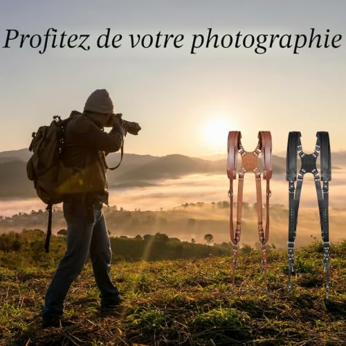 Jerliflyer Harnais Appareil Photo Professionnel, Longueur Ajustable Bandoulière Double pour Appareil Photo, Cuir Sangle de Sac à Dos Deux Caméras DSLR/SLR, Unisexe Photographe (Marron) – vue 4