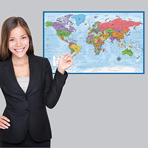 Laminated World Map Poster - Wall Chart Map of Earth - 18" x 29" (Blue) - 4