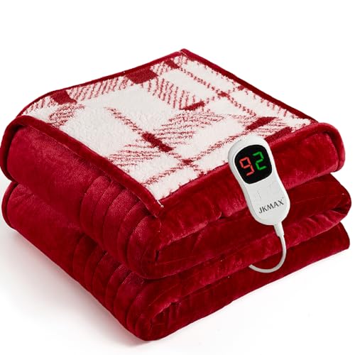 JKMAX Heated Electric Blanket Full Size - 72"x84" Flannel Heating Blanket with 10 Heating Levels & 5 Time Settings Over-Heat Protection, Winter Warmer for Adults with ETL Certification（Red）