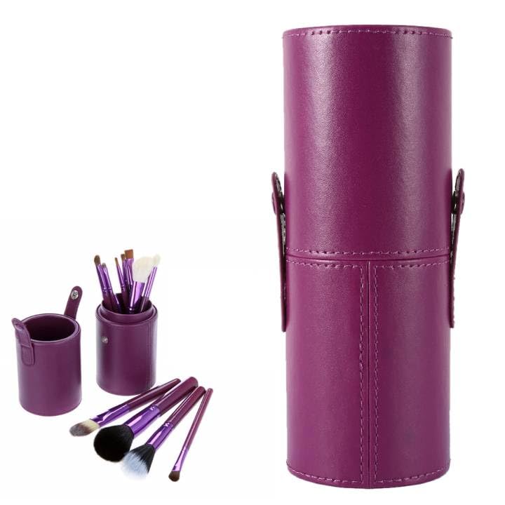 Makeup Brush Holder - Portable Empty Travel Makeup Brushes Round Pen Holder PU Leather Cosmetic Case (Purple)