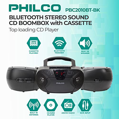 Philco Portable Bluetooth Boombox With Cd And Cassette Player | Cassette Recorder | Connect To Headphones | Cd Player Is Compatible With Mp3/Wma/Cd-R/Cd-Rw Cds | 3.5Mm Aux Input | Ac/Battery Powered #TOP1