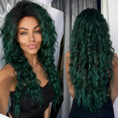 Image of GNIMEGIL Long Curly Wigs for Women Deep Emerald Green Ombre Wig with Fluffy Hairline Loose Hairstyle Synthetic Fiber Drag Queen Cosplay Halloween Costume Party