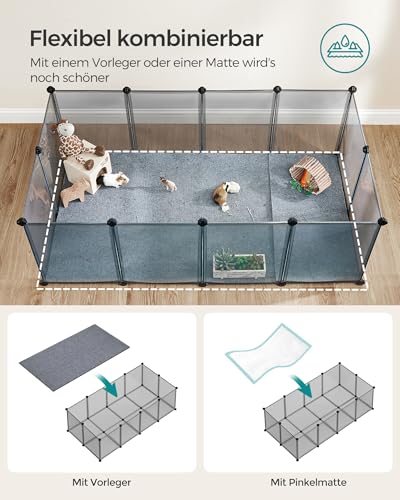SONGMICS Freigehege mit Bodenplatten, Laufstall, Meerschweinchen Gehege, aus Kunststoff, Gehege für Hamster, Kaninchen, Igel, 143 x 73 x 46 cm, grau LPC002G01