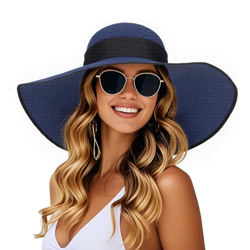 Barelove Sun Visor Hats for Women Wide Brim Straw Ponytail Summer Beach Hat UV UPF Packable Foldable Travel Khaki (US, Alpha, Medium, Large, Navy Blue - Wide wrap)