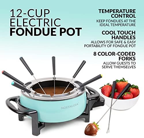 Nostalgia 12-Cup Electric Fondue Pot Set for Cheese & Chocolate - 8 Color-Coded Forks, Temperature Control - Stainless Steel Kitchen Gadgets and Appliances for Hors d'Oeuvres and More - Aqua