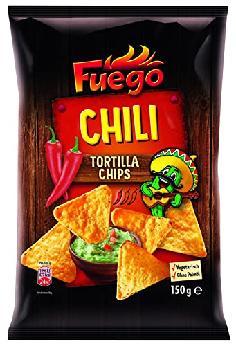 Fuego - Tortilla Chips Chili | Mexikanische Tortillachips mit Chiligeschmack | Knuspriger Snack aus Maismehl | 150 g im Beutel