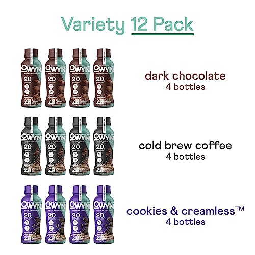 OWYN Only What You Need Protein Shake Variety Pack, Dark Chocolate, Cold Brew Coffee, Cookies and Creamless, 20g Protein, 4g Sugar, 3g Fiber, Dairy Free, Plant Based Protein Drink, 12 CT