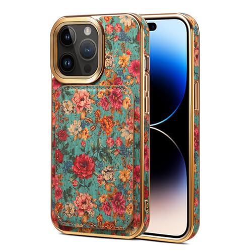 Coque iPhone 15 Pro Max fleurie en cuir avec béquille bleu
