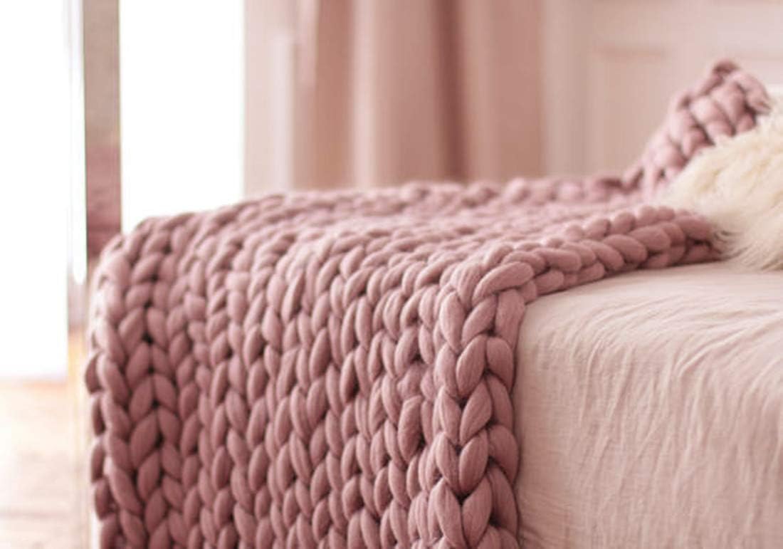 HomeModa Studio Chunky Knit Throw Blankets, Super Bulky Soft Warm Braid Knit Rug Couch Bed Lounge Home Decorator (King Size: 150x200cm, Dusty Blush Pink)