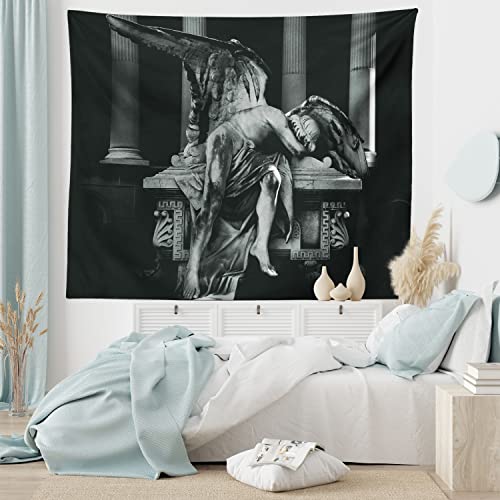 Ambesonne Retro Tapestry, Angel Architecture Monuments Sadness Gothic Mysticism Theme Greek Artwork, Wall Hanging For Bedroom Living Room Dorm Decor, 40" X 60", Black Grey #TOP4