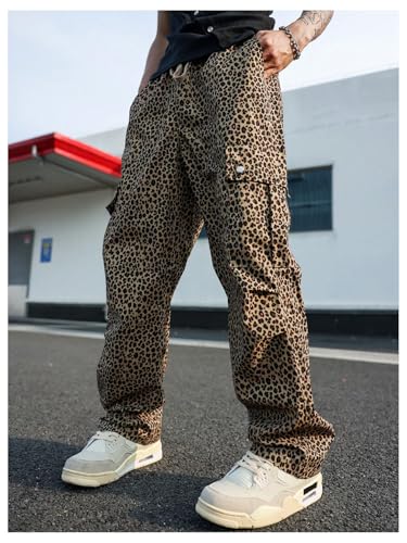 GORGLITTER Men's Leopard Print Cargo Pants Baggy Drawstring Waist Flap Pocket Straight Leg Pants4