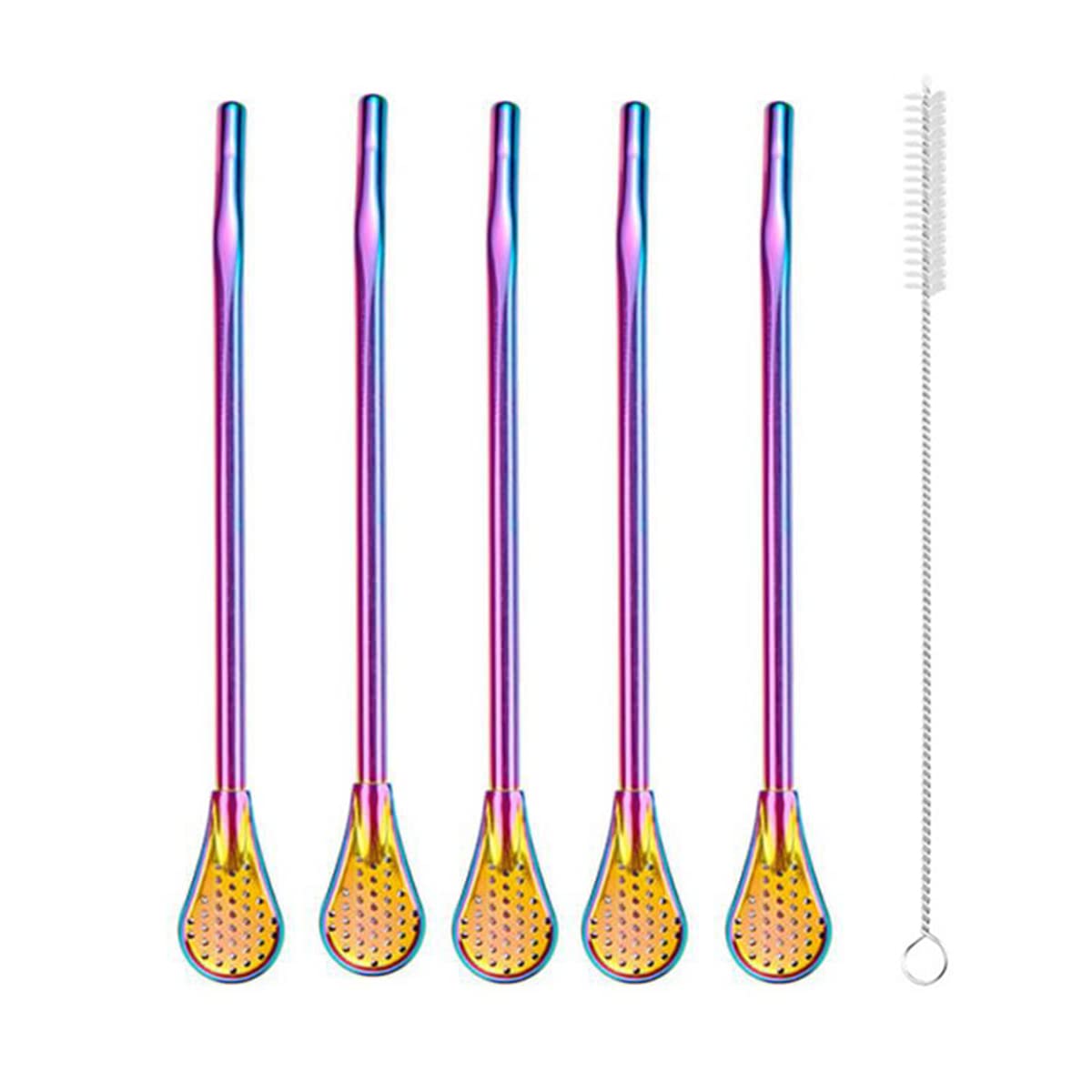 304 Stainless Steel Drinking Straw Spoon Tea Filter Tea Straws Gourd Washable Tea Tools Kitchen Bar Kitchen with Spoon Brush (Multicolor)
