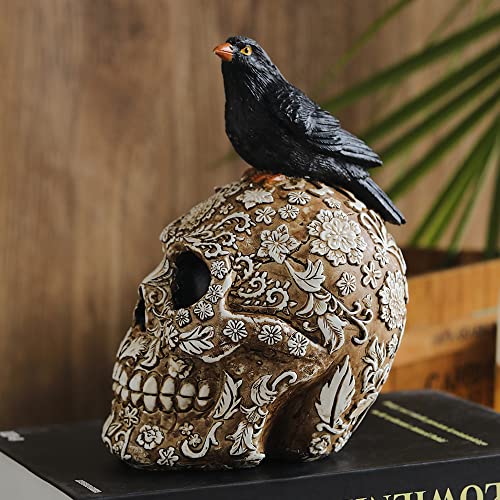 Skull Head Sculpture Crow Decoration, Creative Flowers Skull Desktop Ornament，Skull Collectible For Home Office Desk Supplies. #TOP2